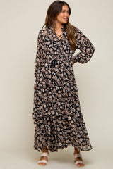 Black Floral Chiffon Ruffle Trim Button Front Long Sleeve Maternity Midi Dress