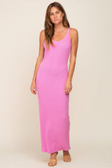 Pink Sleeveless Ribbed Maxi Dress