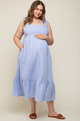 Light Blue Ruffle Strap Back Tie Maternity Plus Midi Dress