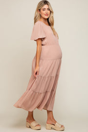 Mauve Tiered Short Sleeve Maternity Midi Dress