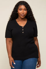 Black Ribbed Knit Button Plus Top