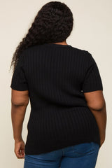 Black Ribbed Knit Button Plus Top