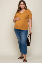 Camel Ribbed Knit Button Plus Maternity Top