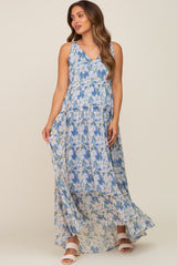 Blue Floral Chiffon Sleeveless Maternity Maxi Dress