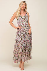 Pink Floral Chiffon Sleeveless Maxi Dress