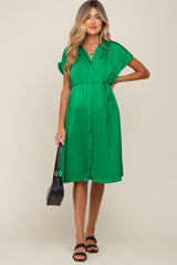 Green Satin Button Front Waist Tie Maternity Midi Dress