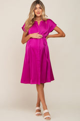 Magenta Satin Button Front Waist Tie Maternity Midi Dress