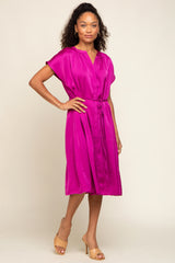 Magenta Satin Button Front Waist Tie Maternity Midi Dress