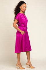 Magenta Satin Button Front Waist Tie Midi Dress