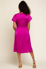 Magenta Satin Button Front Waist Tie Midi Dress