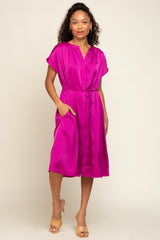 Magenta Satin Button Front Waist Tie Midi Dress