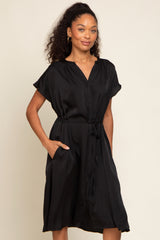 Black Satin Button Front Waist Tie Midi Dress