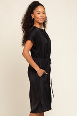 Black Satin Button Front Waist Tie Midi Dress