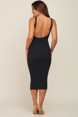 Black Ribbed Sweetheart Neck Maternity Midi Dress