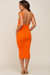 Orange Ribbed Sweetheart Neck Maternity Midi Dress