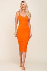 Orange Ribbed Sweetheart Neck Midi Dress