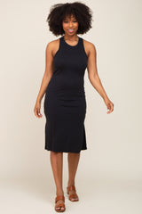 Black Ribbed Side Slit Maternity Midi Dress