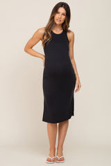 Black Ribbed Side Slit Maternity Midi Dress