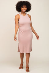 Mauve Ribbed Side Slit Maternity Midi Dress