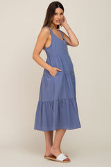 Blue Striped Button Down Maternity Midi Dress