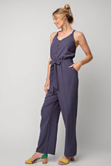 Washed Navy Soft Washed Twill Button Down Jumpsuit