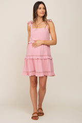 Pink Sleeveless Tiered Maternity Dress