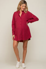 Burgundy Pinstriped Button-Down Linen Maternity Dress