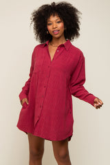 Burgundy Pinstriped Button-Down Linen Dress