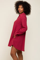 Burgundy Pinstriped Button-Down Linen Dress