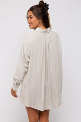 Beige Pinstriped Button-Down Linen Maternity Dress