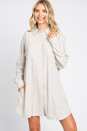 Beige Pinstriped Button-Down Linen Dress