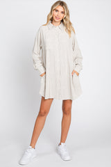 Beige Pinstriped Button-Down Linen Dress