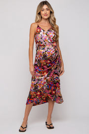 Multicolor Floral Lace Up Wrap Maternity Midi Dress