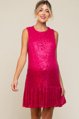 Fuchsia Sequin Sleeveless Ruffle Hem Maternity Dress