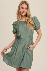 Green Classic Short Sleeve Cinched Waist Dress