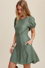 Green Classic Short Sleeve Cinched Waist Dress