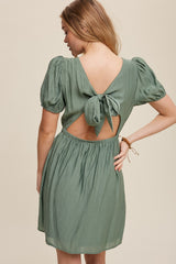 Green Classic Short Sleeve Cinched Waist Dress