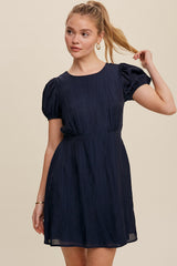 Navy Classic Short Sleeve Cinched Waist Dress