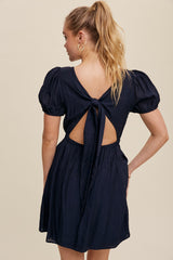 Navy Classic Short Sleeve Cinched Waist Dress