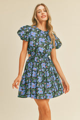 Blue Floral Print Cut Out Mini Dress