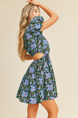 Blue Floral Print Cut Out Mini Dress