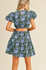 Blue Floral Print Cut Out Mini Dress