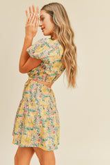 Yellow Floral Print Cut Out Mini Dress