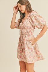 Pink Floral Sweetheart Neckline Mini Dress