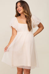 Beige Tulle Puff Sleeve Maternity Dress