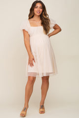 Beige Tulle Puff Sleeve Maternity Dress