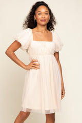 Beige Tulle Puff Sleeve Dress