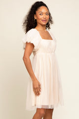 Beige Tulle Puff Sleeve Dress