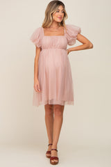 Light Mauve Tulle Puff Sleeve Maternity Dress