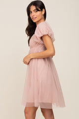 Light Mauve Tulle Puff Sleeve Dress